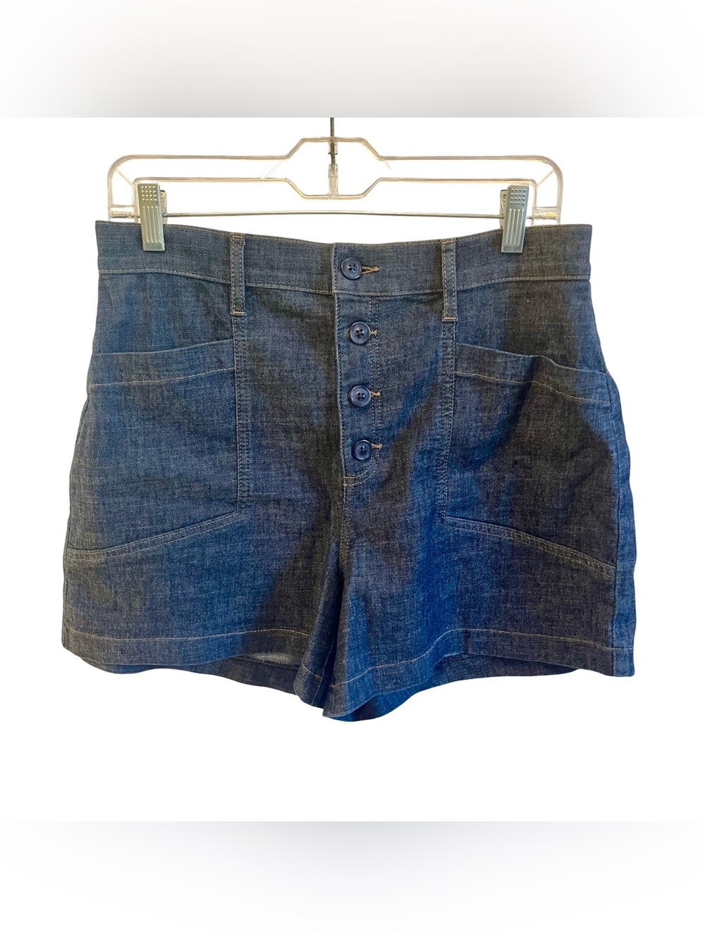 Evereve Navy Denim High-Rise Button-Front Women's Shorts - Picture 4 of 5